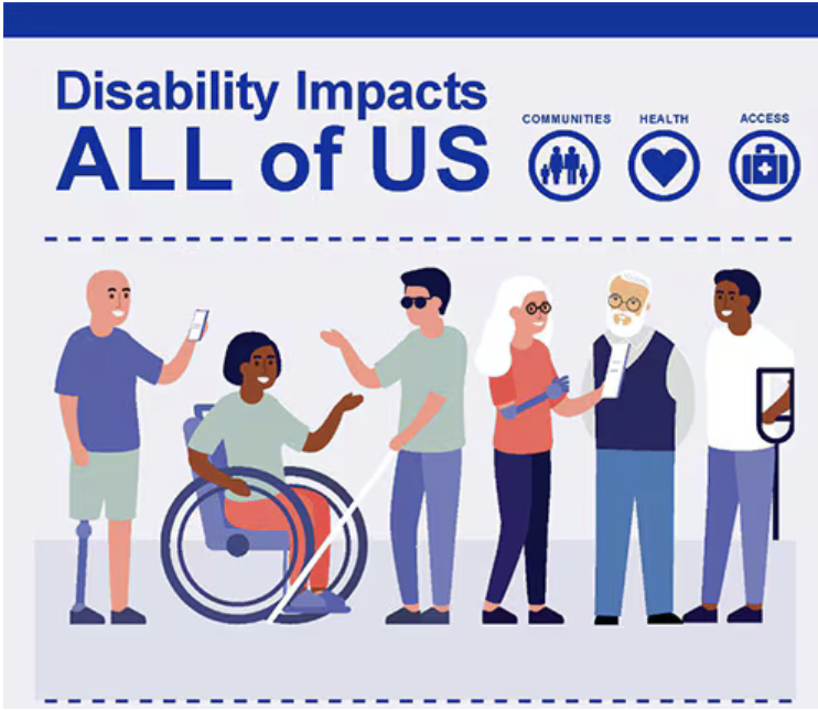 Disability Affects All of Us.An illustration of a group of people some with disabilities.